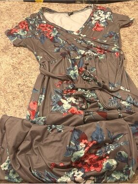 Gray Floral Asymmetrical Wrap Dress with Tie Waist